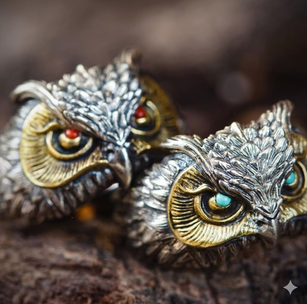 SUPAC Vintage Owl Ring with Turquoise Eyes, Two-Tone Silver and Gold Finish, Detailed Feather Design, Adjustable Size