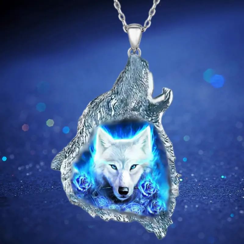 SUPAC Wolf Howling Galaxy, Solar System, Snow Field, Pendant Necklace, Stainless Steel Chain - Christmas, Birthday, or Party Gift (Snowfield)