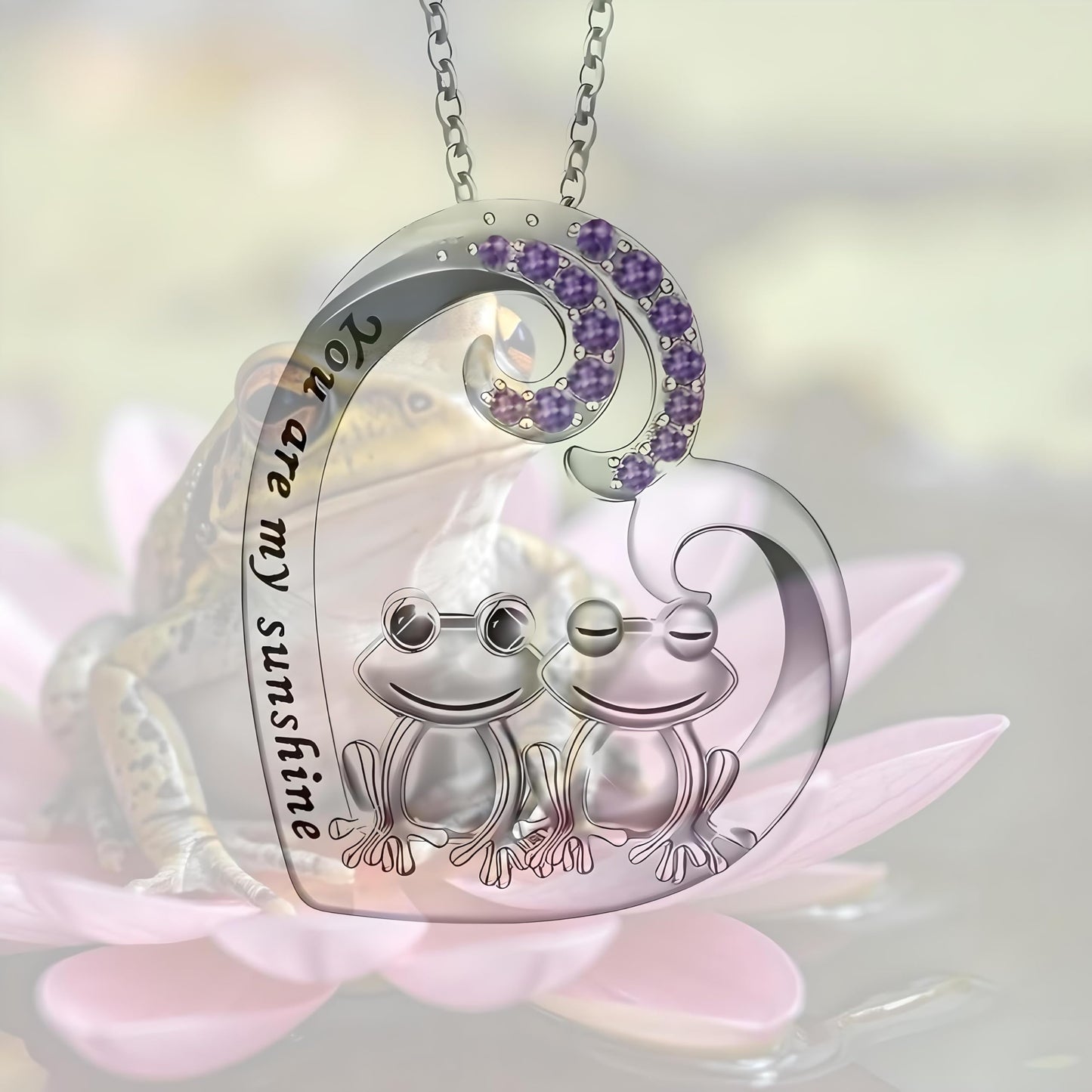 Cute Frog Couple Heart Pendant Necklace, Stainless Steel Chain 19.7 inch, Crystal Accent - Engraved 'You are my sunshine'