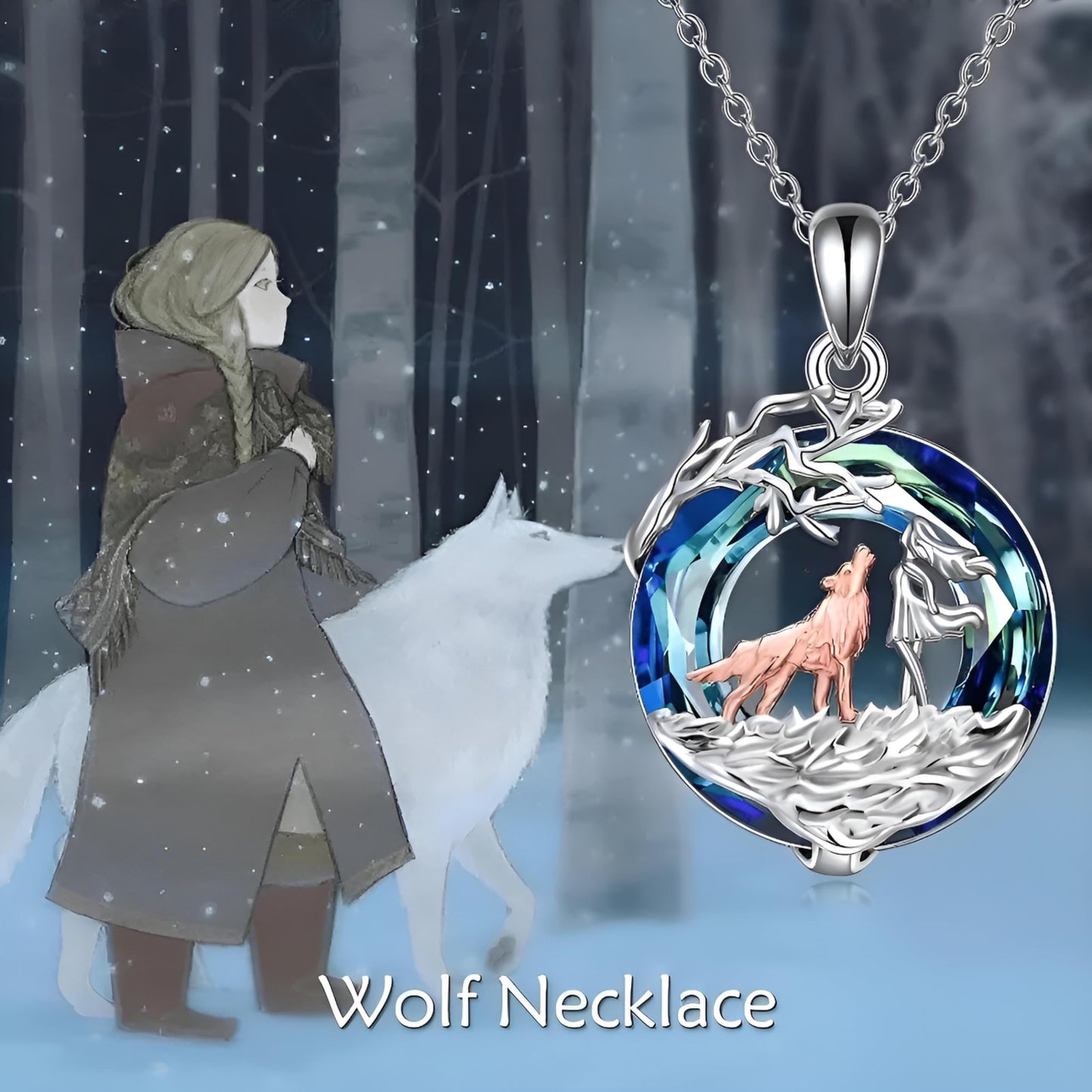 SUPAC Wolf Winter Scene Pendant Necklace, Blue Crystal, Stainless Steel Chain, 1.25 inch