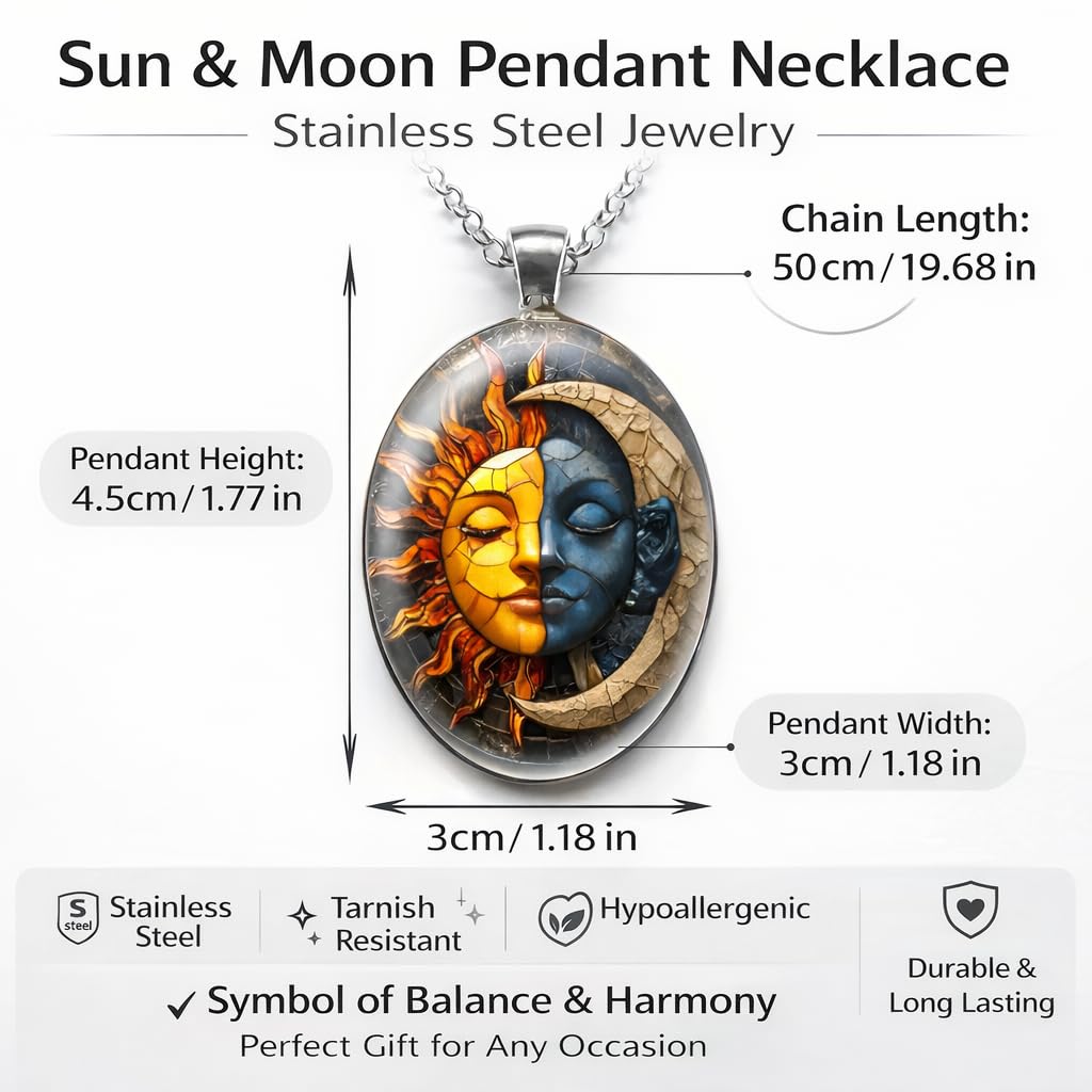 1pc Stunning Round Pendant Necklace - Unique Sun & Moon Pattern, Oil Painting Style Glass Mosaic, Alloy Construction, Trendy Sweater Chain, Fashionable Gift for Women - Christmas or Birthday Gift