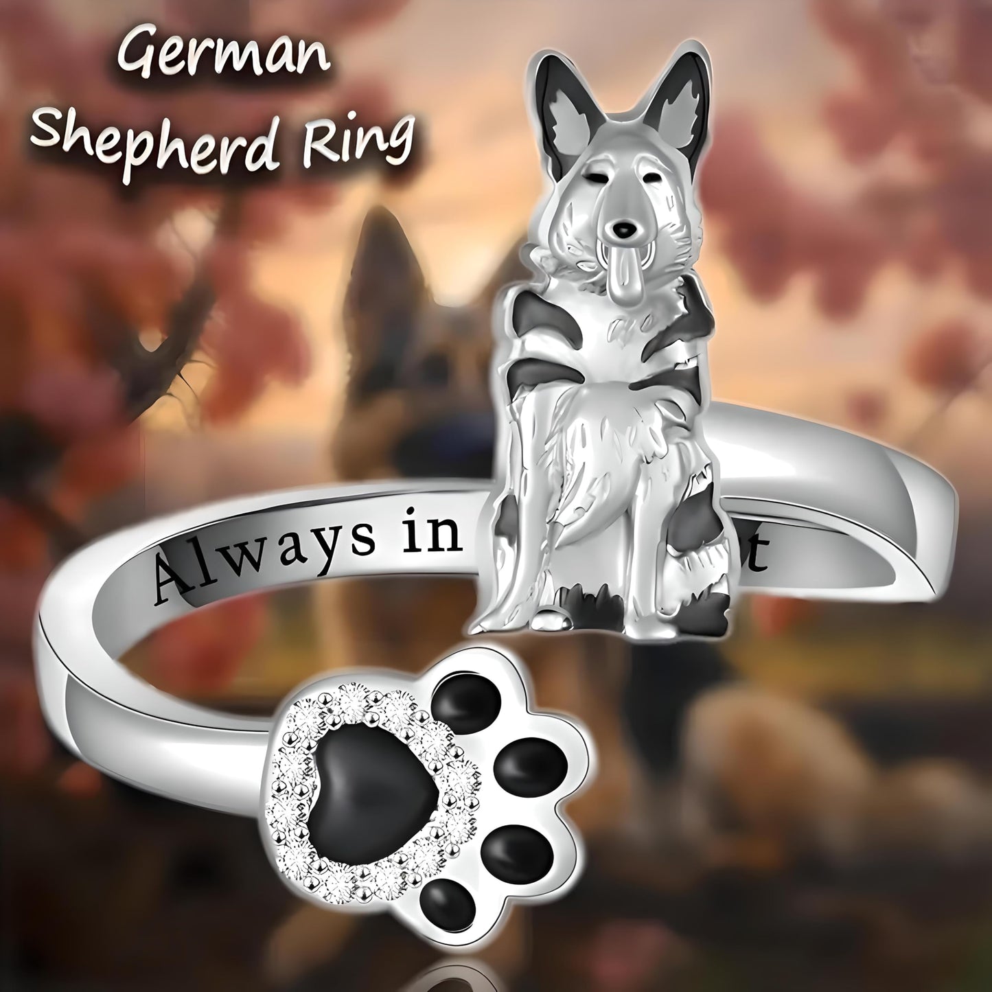 German Shepherd, Yorkie, Pug Dog Paw Adjustable Ring, Sterling Silver, Paw Print Design with Crystal Accents - Christmas, Birthday, or Party Ring