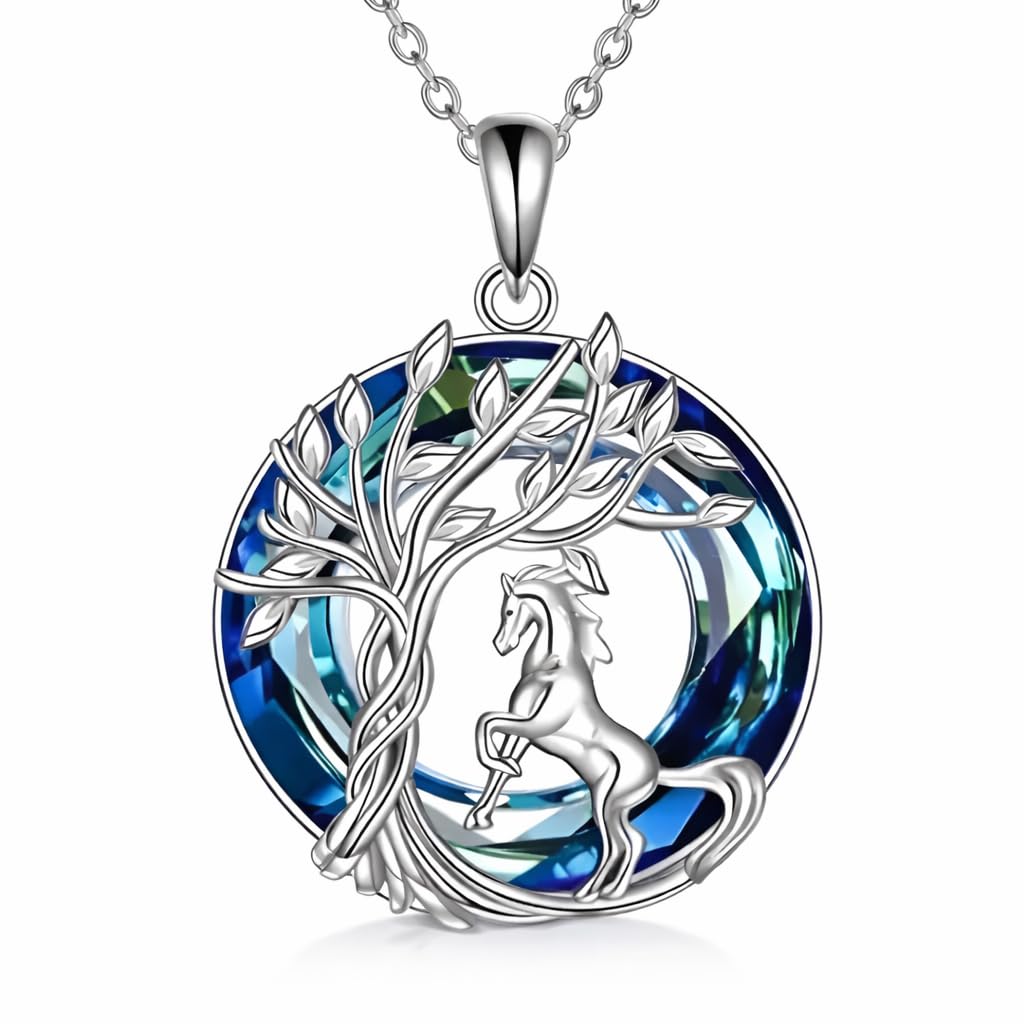 SUPAC Tree of Life Swing, Sloth, Horse + Other Styles Pendant Necklace, Silver Chain, Crystal Rainbow Background - Gift for Friends (Horse)