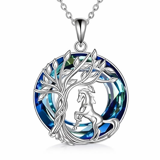 SUPAC Tree of Life Swing, Sloth, Horse + Other Styles Pendant Necklace, Silver Chain, Crystal Rainbow Background - Gift for Friends (Horse)