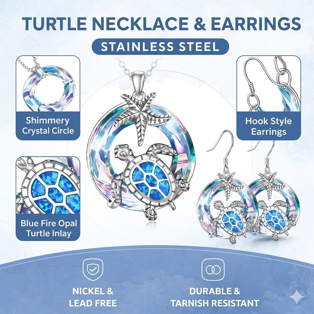 Sea Turtle Jewelry Set with Opal-Effect Blue Crystal, 3 Piece Starfish Pendant Necklace, Earrings Set, Stainless Steel Set