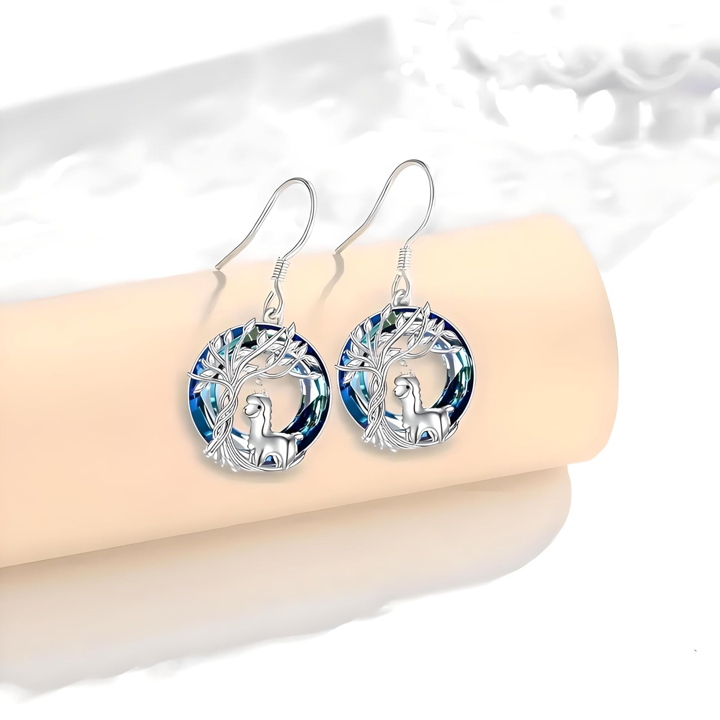 Alpaca Tree of Life Jewelry Set, Silver Pendant Necklace and Drop Earrings, Blue Crystal, 0.85 inch