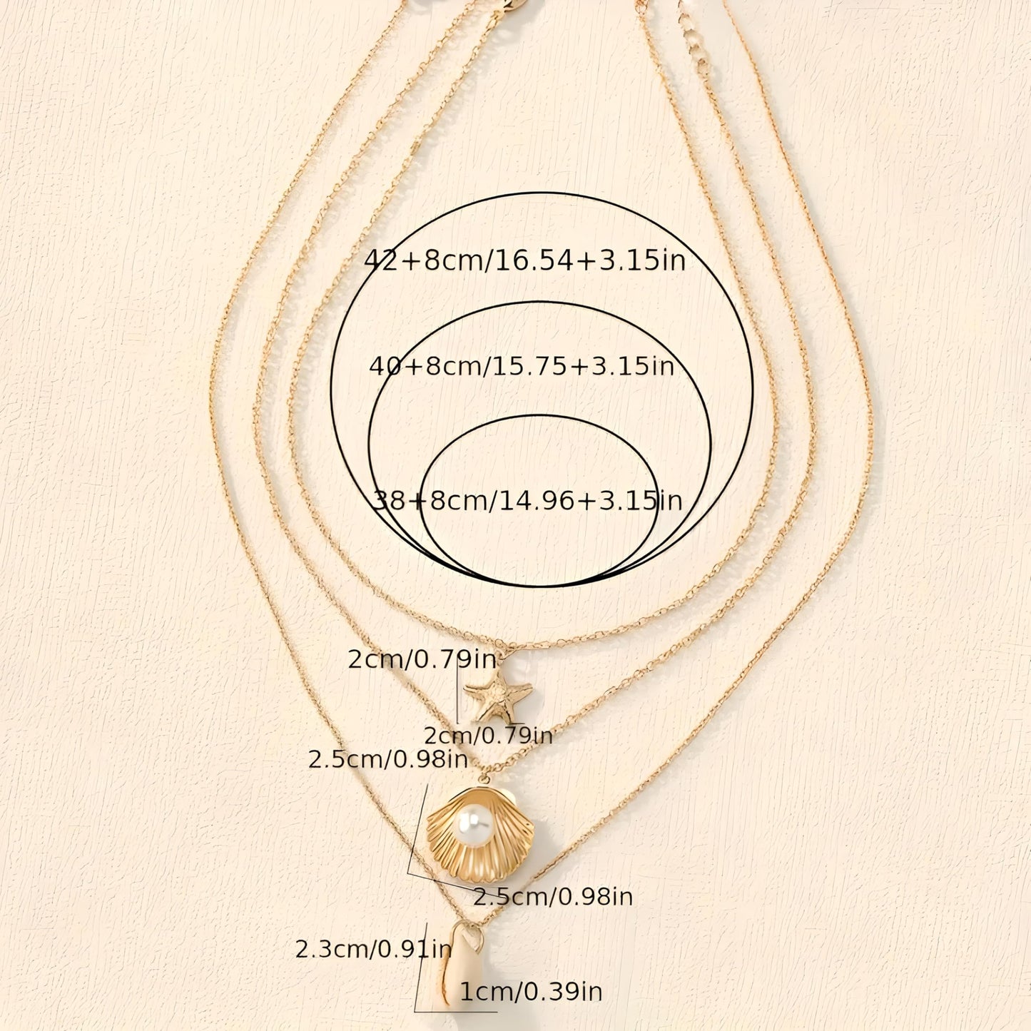 Layered Beach Necklace Set, Gold Tone Starfish Shell Pearl Pendant, 3-Piece Chain