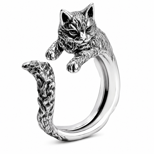 Silver Cat Ring for Men or Women, Unique Zinc Alloy Design, Antique Silver Plating - Adjustbale Stainless Steel Silver Cat Ring - Christmas or Birthday Gift