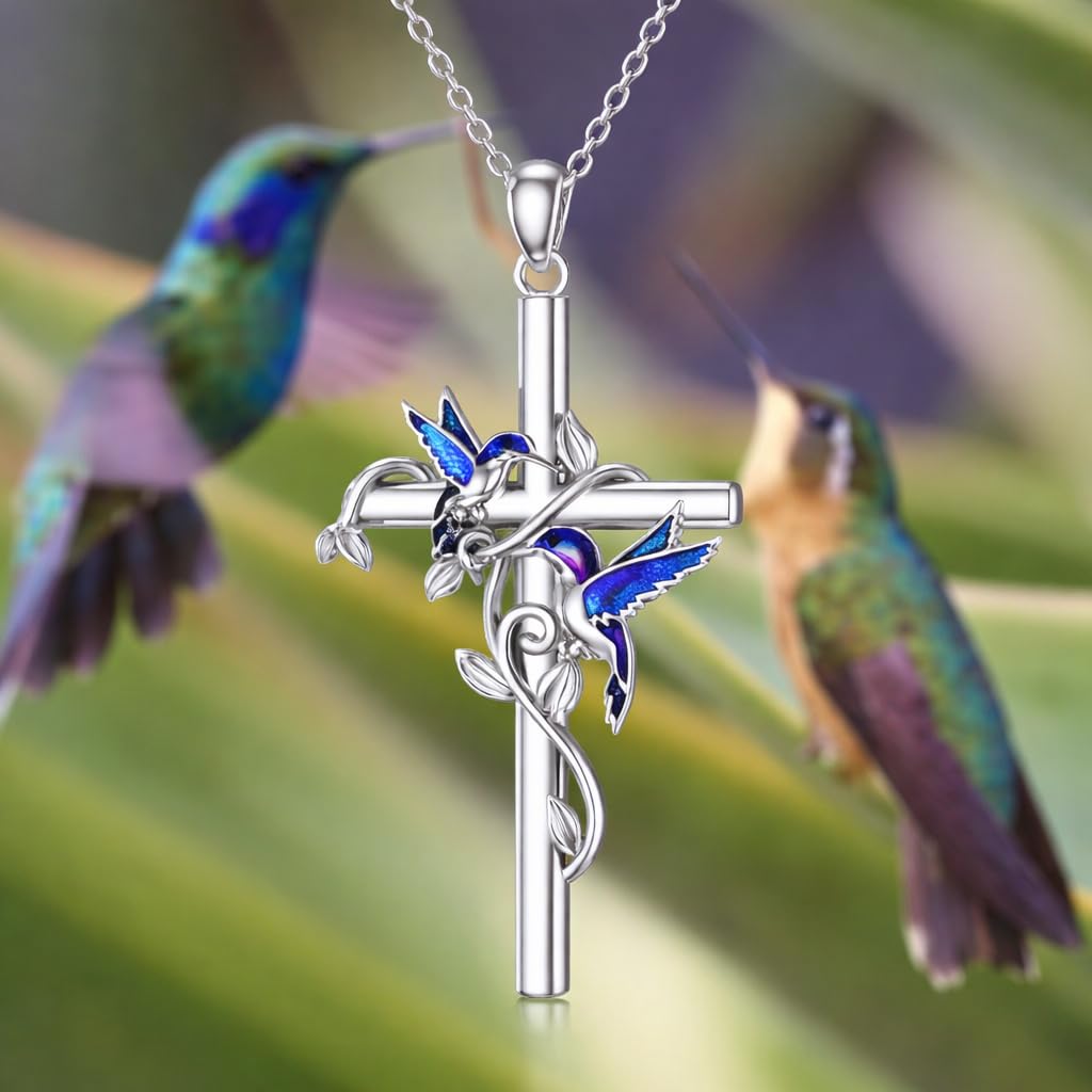 SUPAC Hummingbird Cross Design Necklace, I Am Always With You, 19.68 inch Chain, Red and Silver
