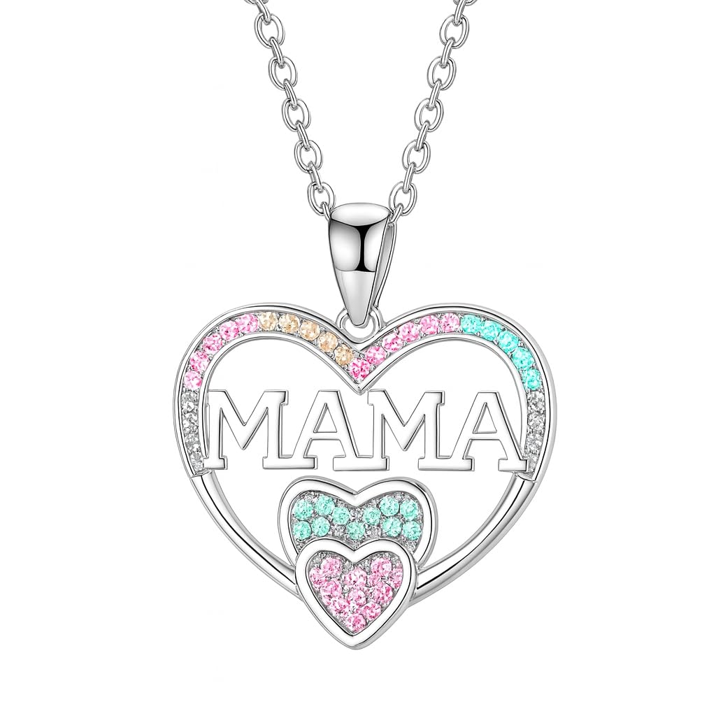 Gold Heart Shaped "MAMA" Necklace, Sparkling Stainless Steel Necklace- with Blue and Pink Simulated Diamonds, Christmas or Birthday Gift