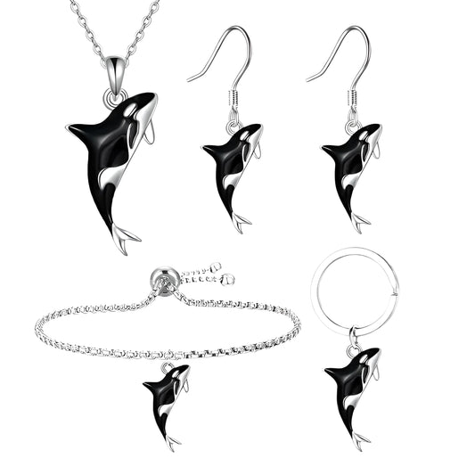 Orca Killer Whale Jewelry Set with Necklace, Earrings, Bracelet and Keychain, Black and Silver - Shamu Gift