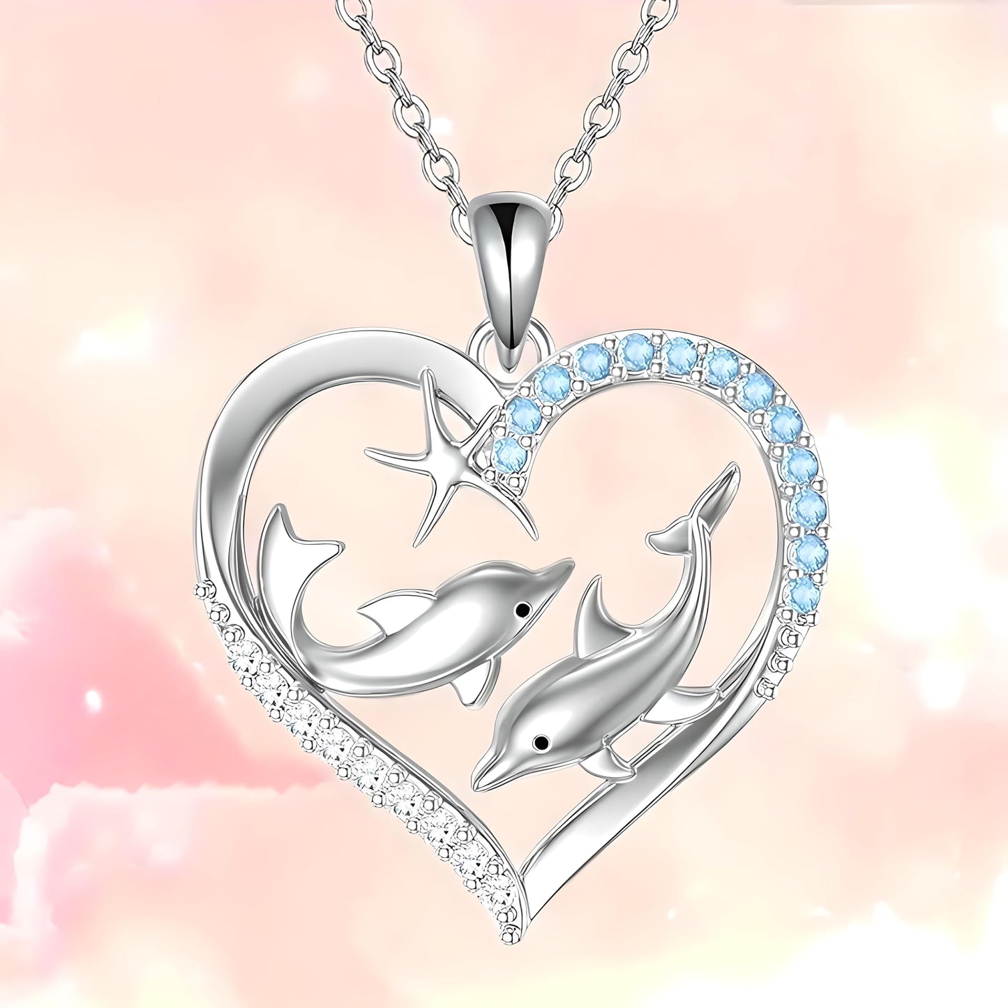 Sterling Silver Double Dolphin Pendant Necklace with Blue Crystal Hearts, Ocean Theme Jewelry