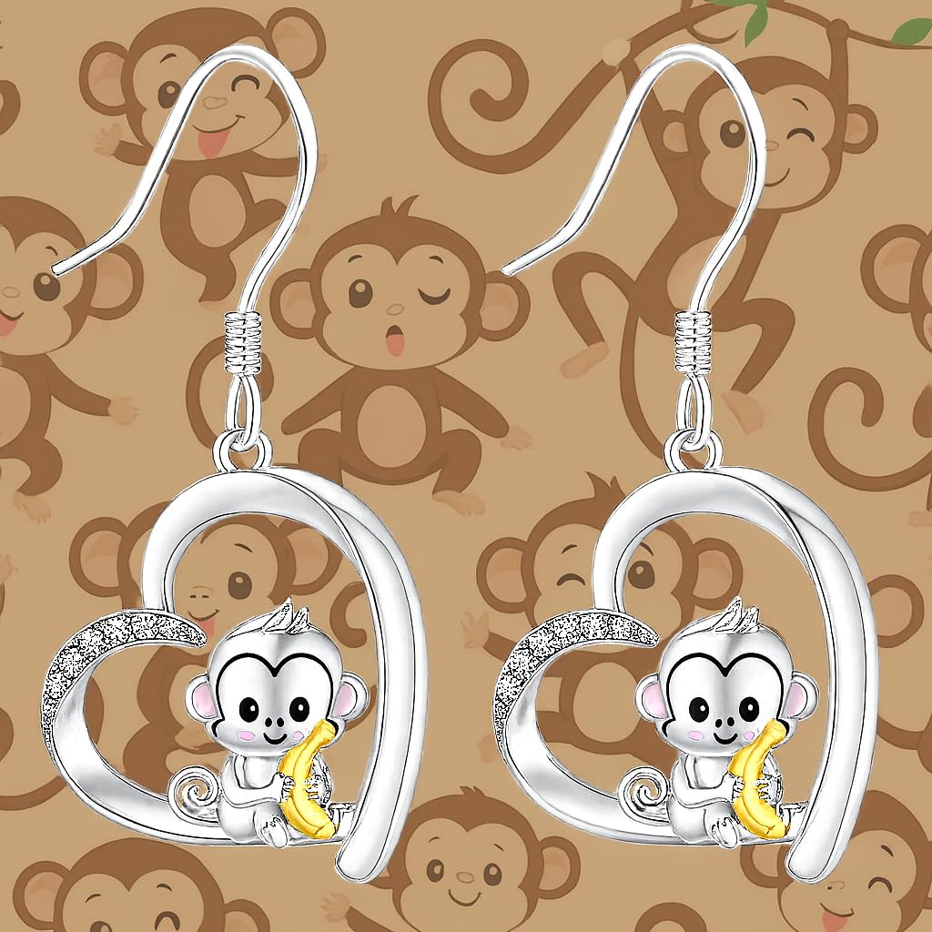 Heart-Shaped Animal Dangle Earrings, Monkey and Koala, Stainless Steel with Rhinestones, Banana Charm, Birthday or Party Gift
