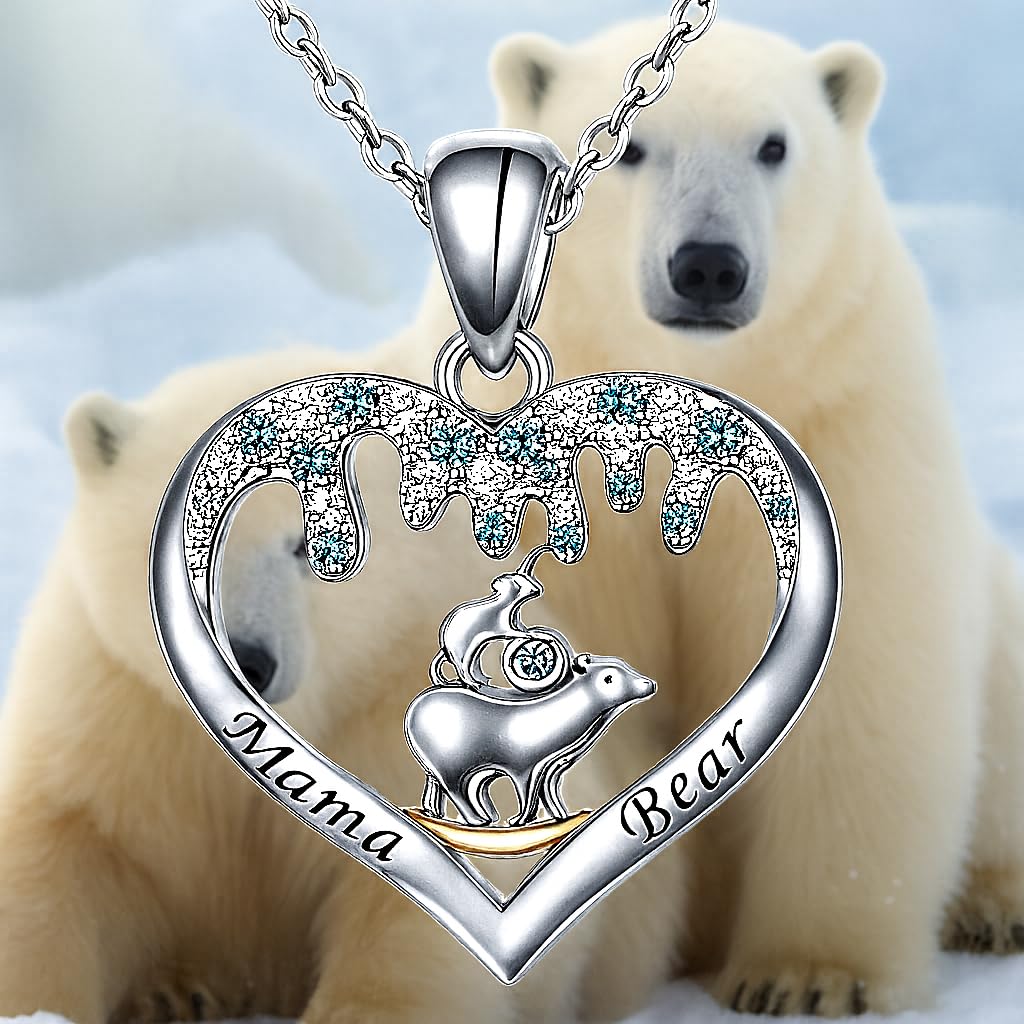 SUPAC Love from the North Pole Mama Bear, Icey Polar Bear Heart Pendant Necklace, Gift for Birthday, Christmas or Anniversaries
