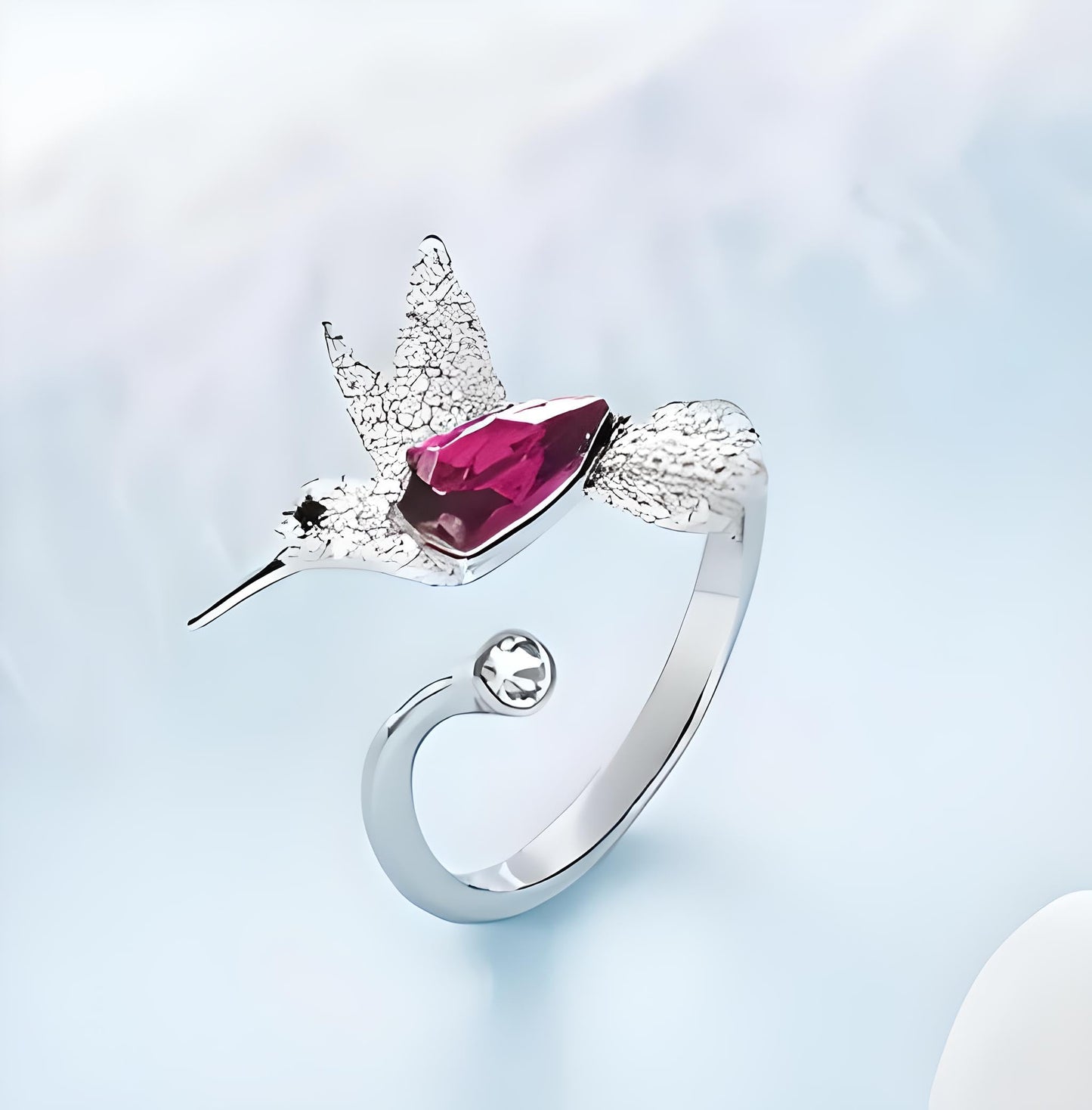 Stainless Steel Hummingbird Ring with Enamel Flowers, Adjustable, Turquoise and Purple