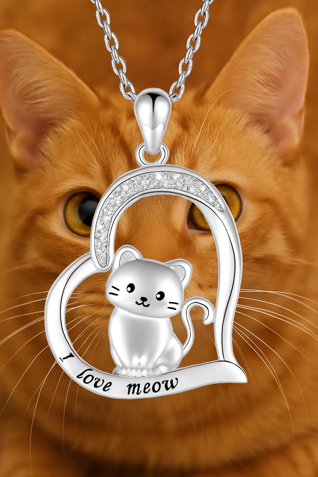 Stainless Steel Cat Moon Heart Star Flower Necklace with Crystal Pendant, 8 Designs - Cute Heart Necklace, With Black Cats, Charming in Rose Gold - Stylish Gift for Women & Party Accessory (Kitten)