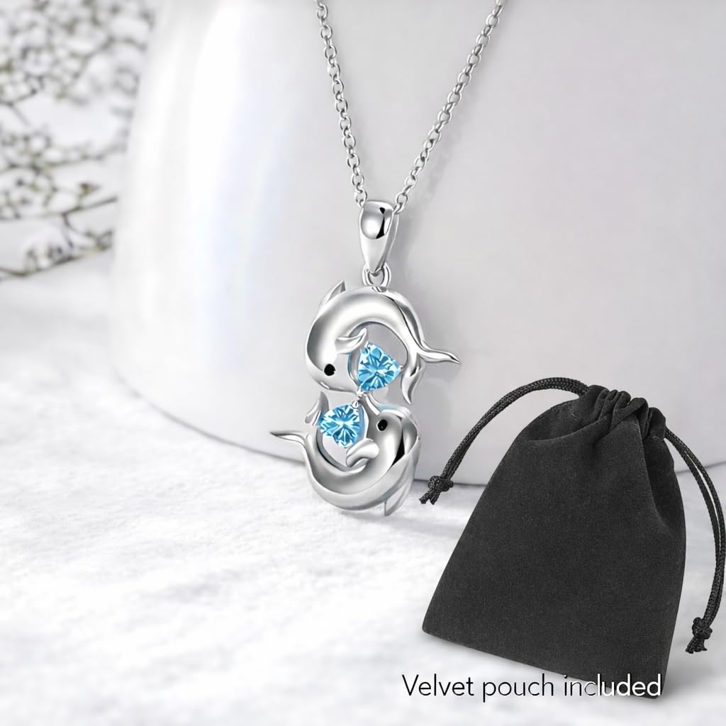 Stainless Steel Double Dolphin Pendant Necklace with Blue Crystal Hearts, Ocean Theme Jewelry