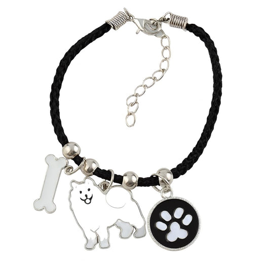 Pet Charm Bracelet with Dog Charms, Black Braided Band, I Love Dogs Design - Dog Lovers' Bracelet - Different Breeds of Dogs, Pet Lover Gift for Birthday and Holiday, Durable and Long-Lasting, Hypoallergenic and Nickel-Free, Everyday Wear (Samoyed)