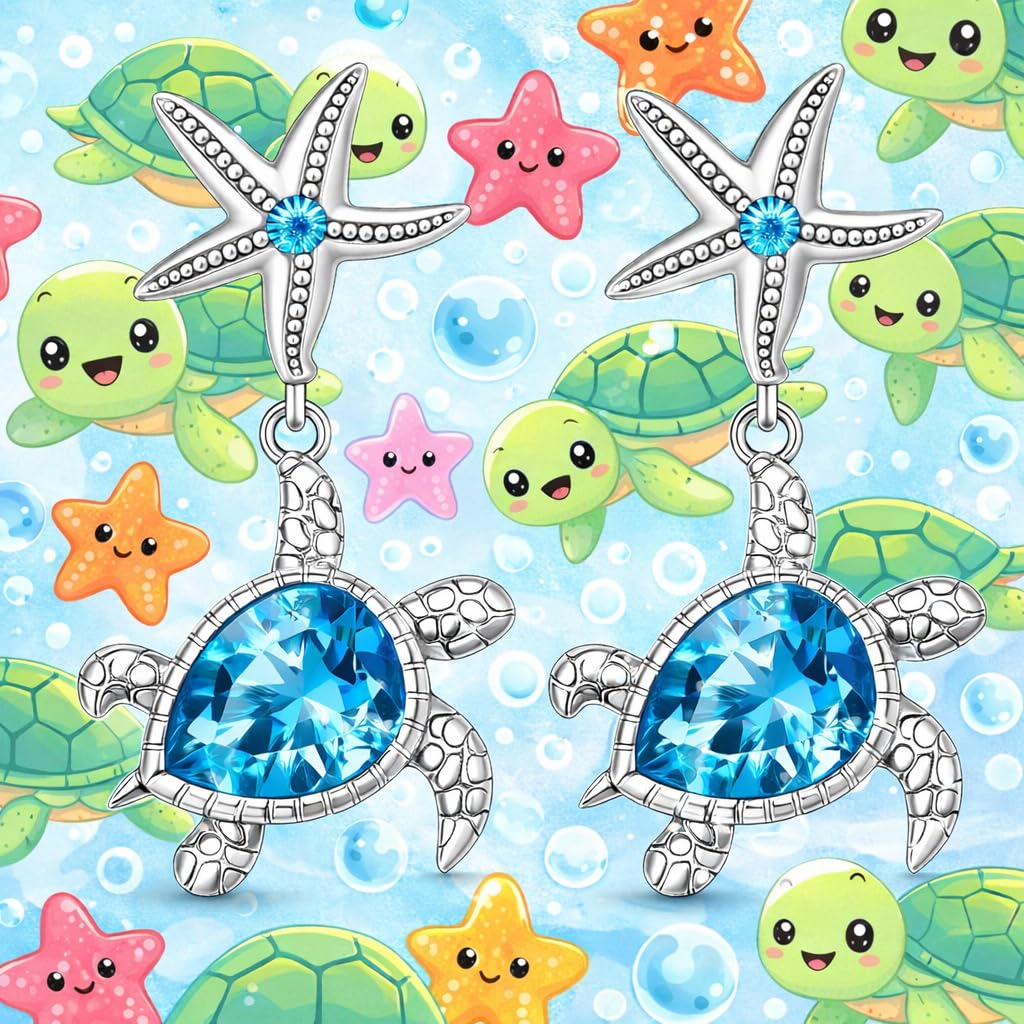 Pair of Cute Starfish and Turtle Stud Earrings - Stainless Steel Ear Needles, Man Made Rock Mosaic, Plated White K Finish, Alloy Construction