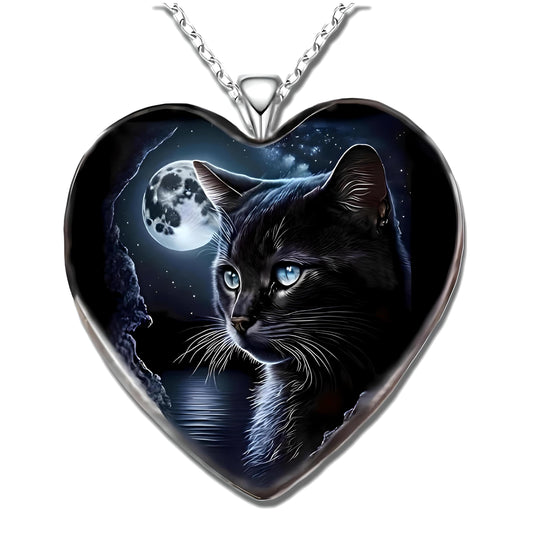 Heart-Shaped Black Cat Necklace with Moon and Galaxy Design, Glass Pendant with Stainless Steel Chain - Christmas, Holiday, or Birthday Gift