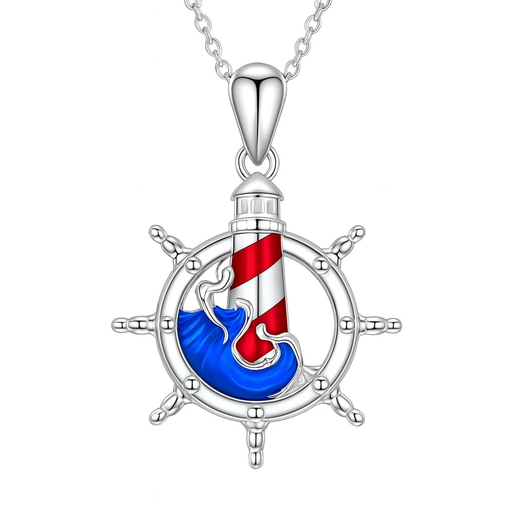 SUPAC A Nautical Life, Lighthouse and Ship Wheel Pendant Necklace, Gift for Birthday, Christmas, or Anniversaries