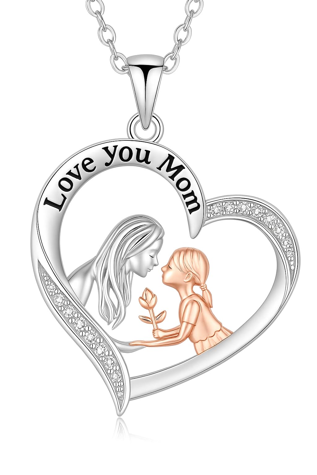 SUPAC Heart-Shaped Mother's Day Necklace, Family + Necklace Options with Crystal Accents, Pendant Gift, Silver and Gold-Tone, 'I Love You Always & Forever' Message (Mother + Daughter)