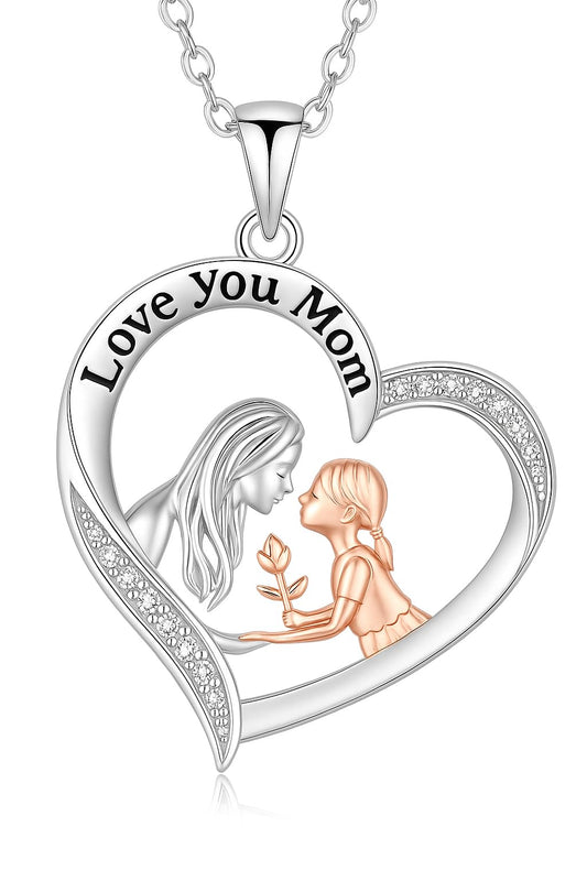 SUPAC Heart-Shaped Mother's Day Necklace, Family + Necklace Options with Crystal Accents, Pendant Gift, Silver and Gold-Tone, 'I Love You Always & Forever' Message (Mother + Daughter)