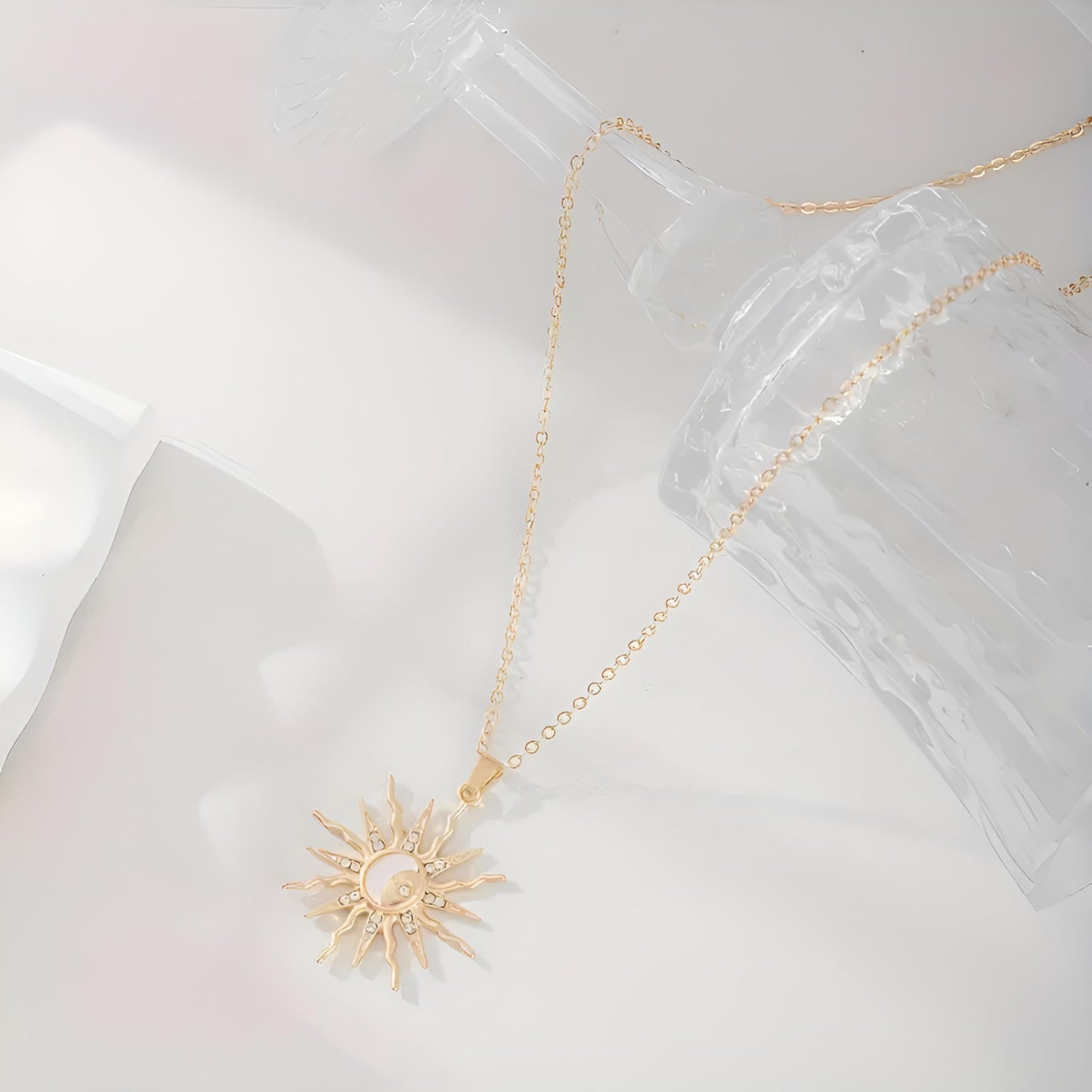 Sun and Moon Celestial Pendant Necklace, 18 Inch Gold Chain, 1.18 Inch Charm
