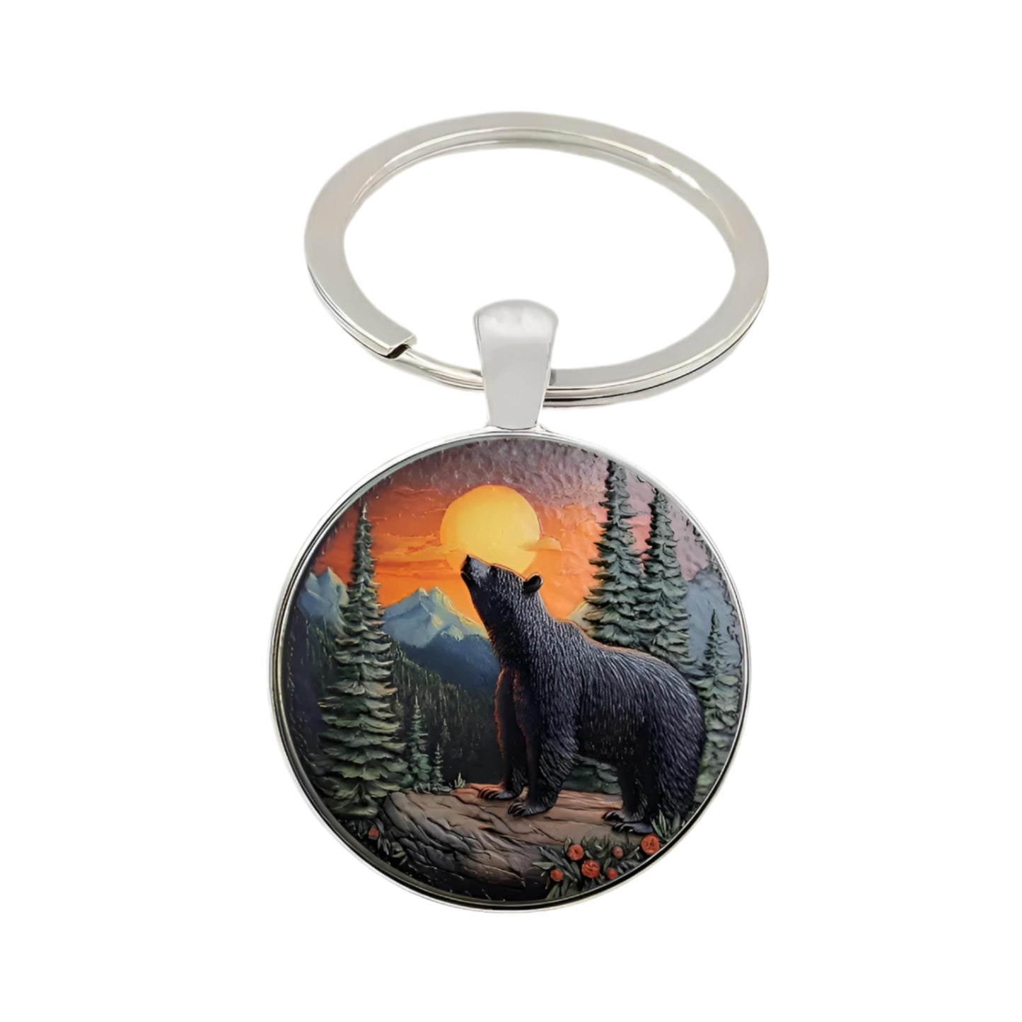 SUPAC 1pc Unique Bear With Forest Background Shaped Metal Keychain - Fashionable Circular Animal Keyring for Men and Friends