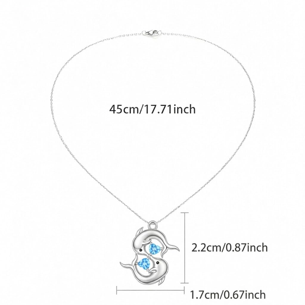 Stainless Steel Double Dolphin Pendant Necklace with Blue Crystal Hearts, Ocean Theme Jewelry