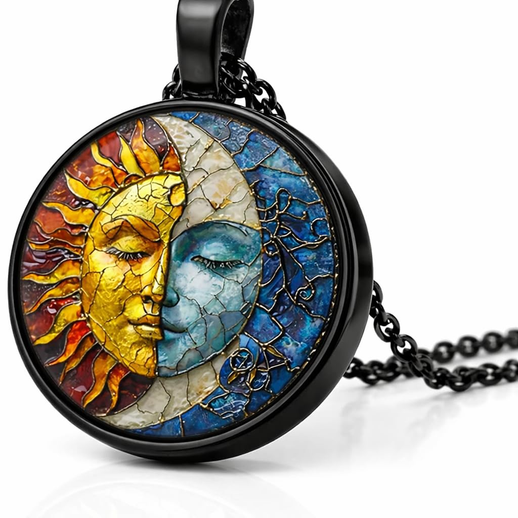 1pc Stunning Round Pendant Necklace - Unique Sun & Moon Pattern, Oil Painting Style Glass Mosaic, Alloy Construction, Trendy Sweater Chain, Fashionable Gift for Women - Christmas or Birthday Gift