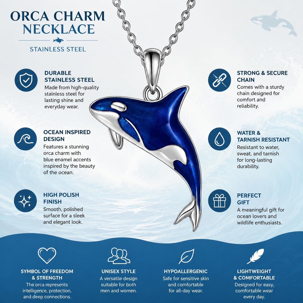 SUPAC Stainless Steel Silver Killer Whale Orca Whale Pendant Necklace, Black and Silver, Shamu Gift
