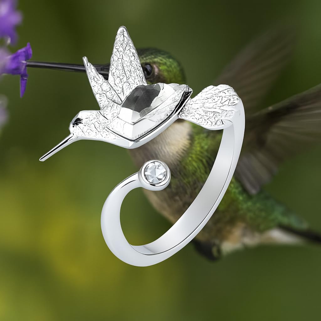 Stainless Steel Hummingbird Ring with Enamel Flowers, Adjustable, Turquoise and Purple
