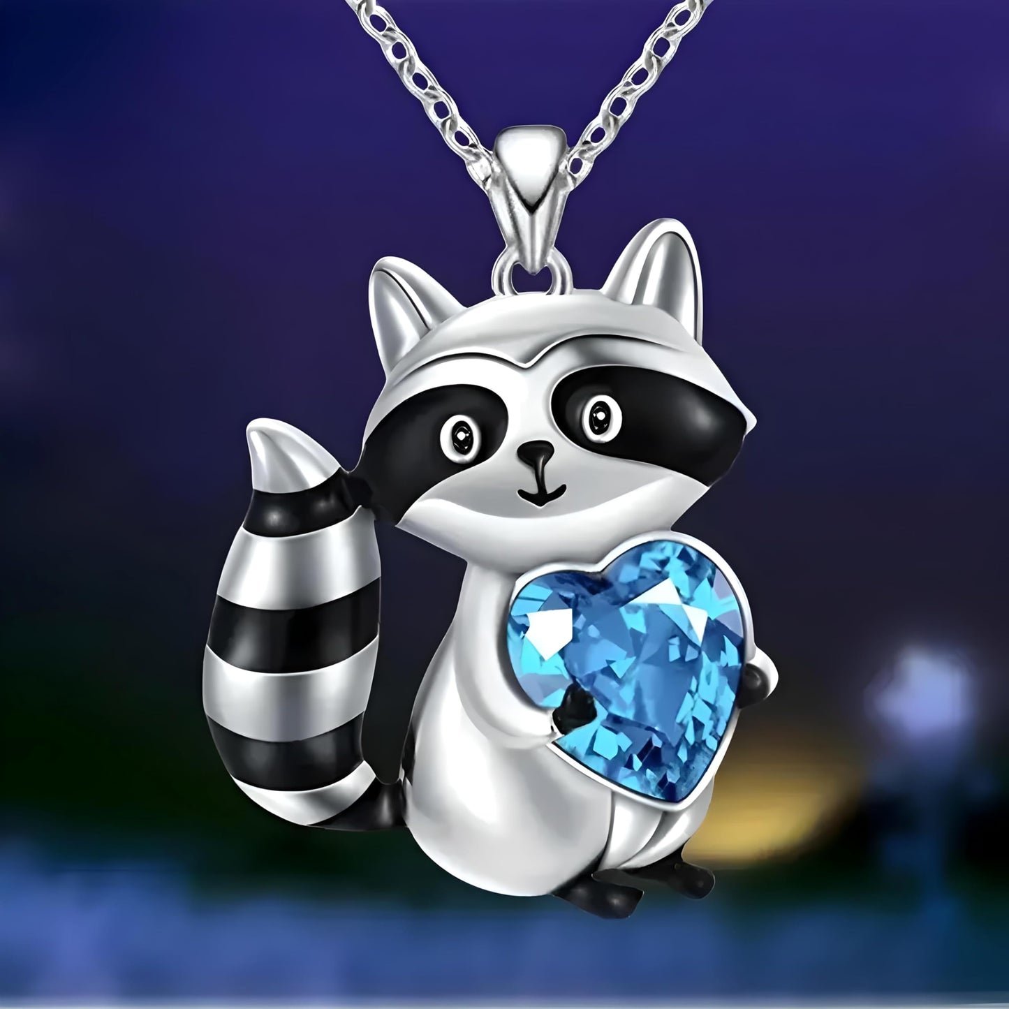 SUPAC Smiling Raccoon Necklace, Holding a Blue Heart, Silver and Black - Racoon Jewerly Gift