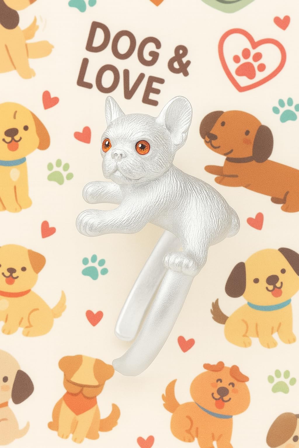 SUPAC Adjustable Silver Dog Ring, Westie Terrier and Bulldog Design, Fashion Jewelry (Silver w/red eyes)