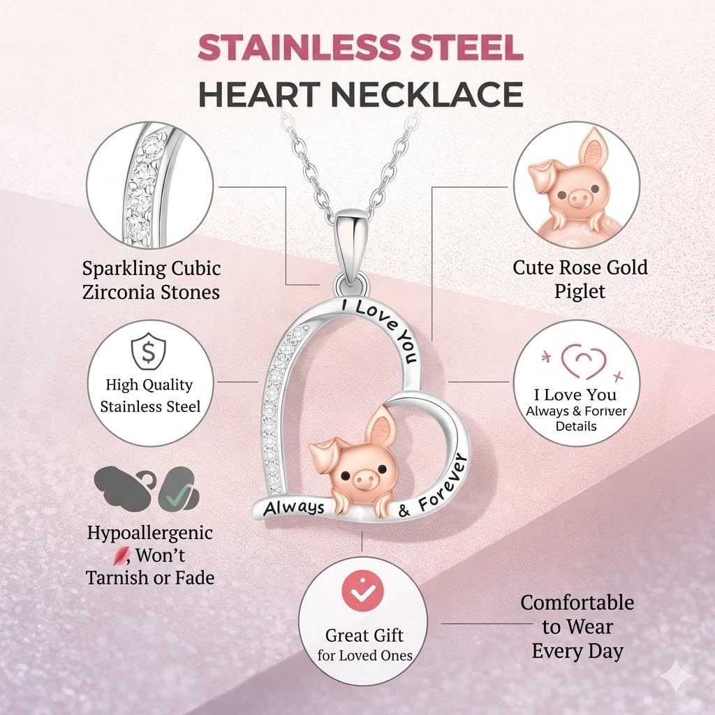 SUPAC Crystal Heart Pendant Necklace with Rose Gold Pig Design, Stainless Steel Chain, I Love You Always & Forever Message, CZ Diamonds, 17.5 Inch