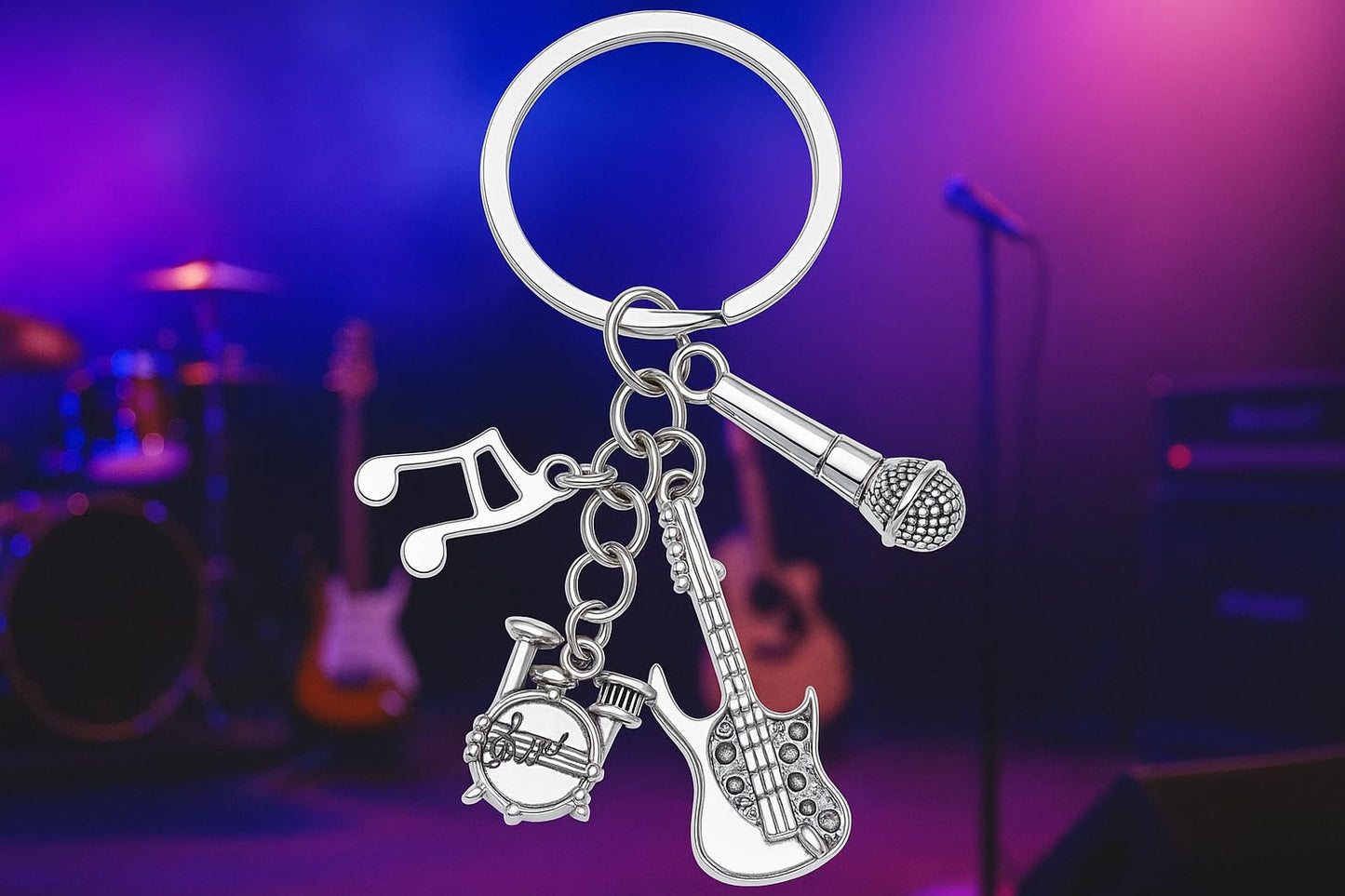 SUPAC Musical Instrument Keychain with Guitar, Microphone, Drum Set and Music Note Charms
