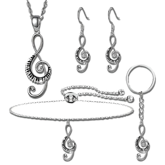 Musical Note Jewelry Set, 4-Piece Silver Treble Clef Design, Necklace Bracelet Earrings Keychain