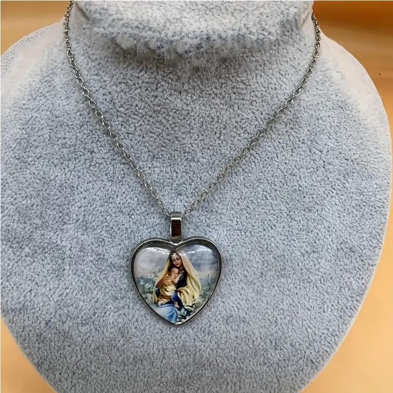 Glass Mother Mary Image with Heart Pendant Necklace, Stainless Steel Chain - Holiday, Christmas, or Birthday Gift