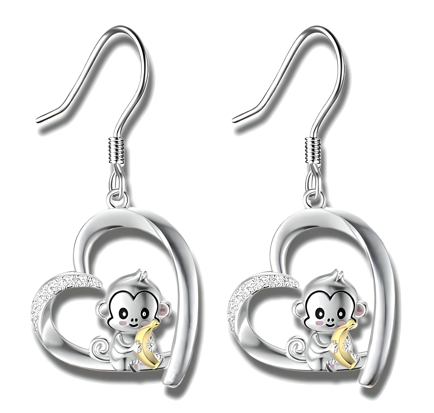Heart-Shaped Animal Dangle Earrings, Monkey and Koala, Stainless Steel with Rhinestones, Banana Charm, Birthday or Party Gift