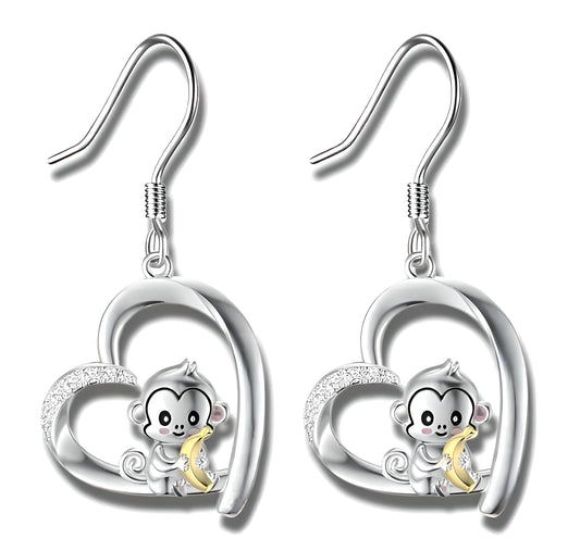 Heart-Shaped Animal Dangle Earrings, Monkey and Koala, Stainless Steel with Rhinestones, Banana Charm, Birthday or Party Gift