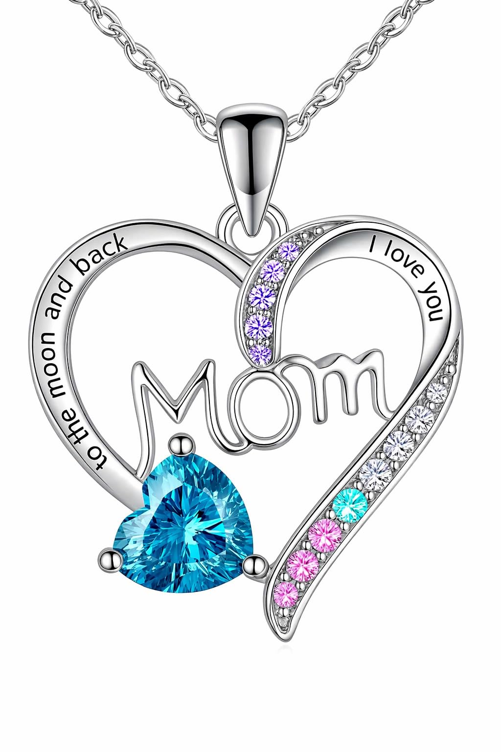 SUPAC Heart Mom Necklace, Sterling Silver Crystal Pendant with Pink Heart Stone, I Love You to the Moon and Back - Mother's Day Gift