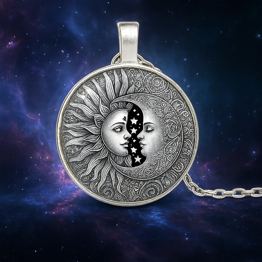 1pc Stunning Round Pendant Necklace - Unique Sun & Moon Pattern, Oil Painting Style Glass Mosaic, Alloy Construction, Trendy Sweater Chain, Fashionable Gift for Women - Christmas or Birthday Gift