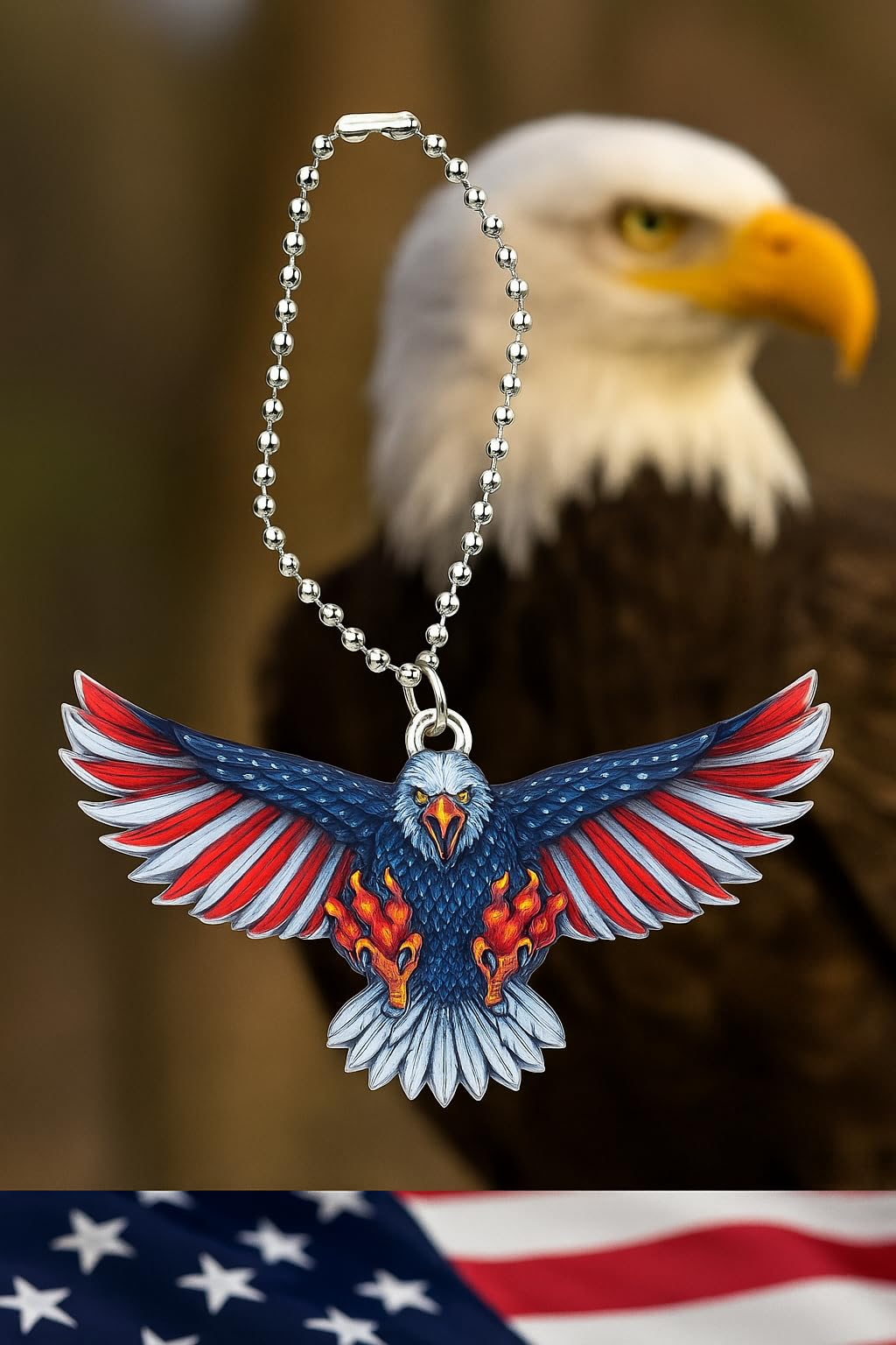 SUPAC Patriotic Eagle Keychain, American Flag Design, Silver Ball Chain - Eagle Keychain Gift