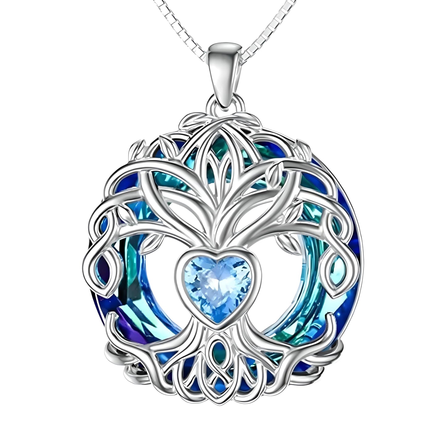 Tree of Life Jewelry Set, Blue Crystal Heart Design, Silver-Tone Necklace Bracelet Earrings Keychain, 4-Piece Set
