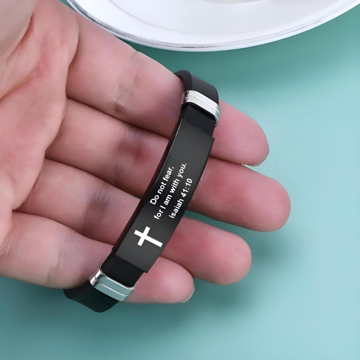 Christian Cross Bracelet with Proverbs 3:5, Phillipians 4:13, Matthew 19:26, Isaiah 41:10, Luke 1:37, Matthew 28:20 Scripture, Black Silicone Adjustable Watch Band, 9.05 inch Length