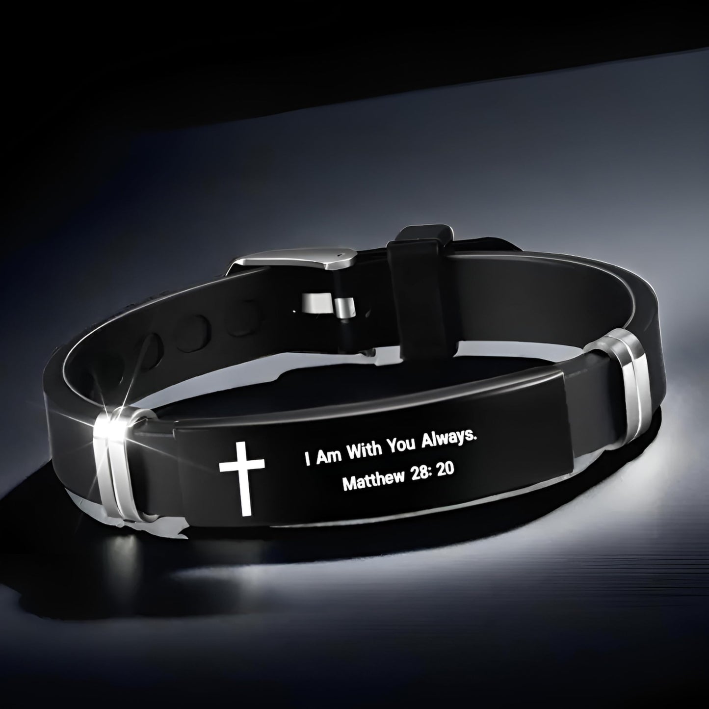 Christian Cross Bracelet with Proverbs 3:5, Phillipians 4:13, Matthew 19:26, Isaiah 41:10, Luke 1:37, Matthew 28:20 Scripture, Black Silicone Adjustable Watch Band, 9.05 inch Length