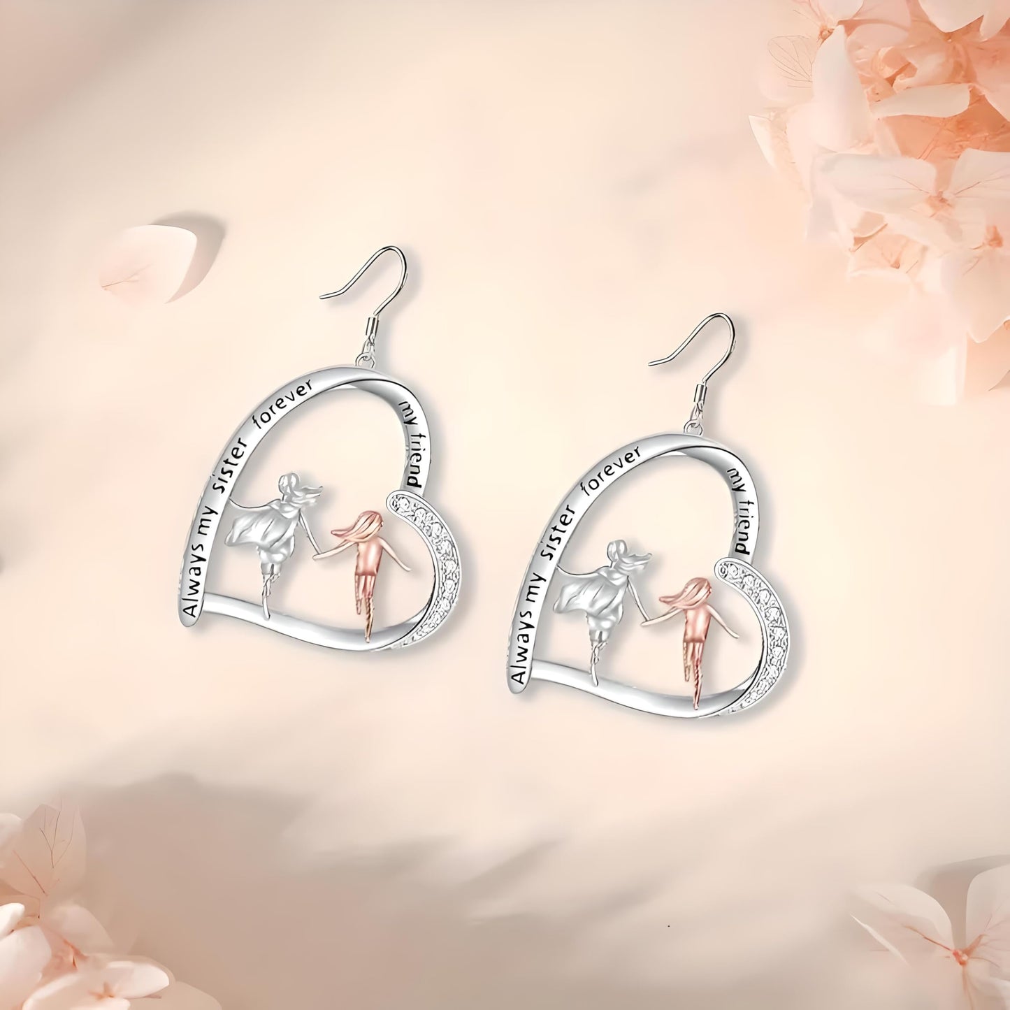 SUPAC Sister Forever Heart Necklace with Earrings Set, Silver-Tone with Clear Crystals