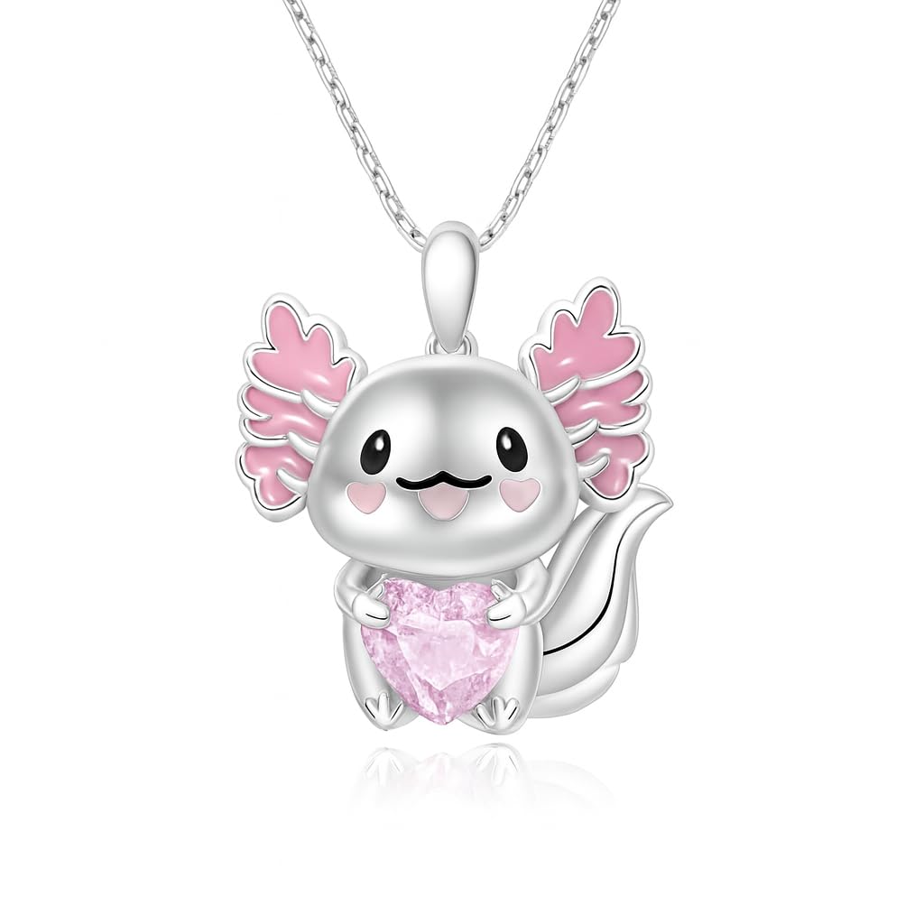 SUPAC Cute Axolotl Pendant Necklace, 19.7 inch Chain, Crystal Heart Design, 3 Colors - Axolotl Gift
