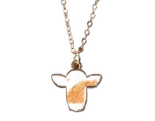 Cow Print Pendant Necklace, Gold Chain, Black and White Enamel, Western Style - Cowhide Hair